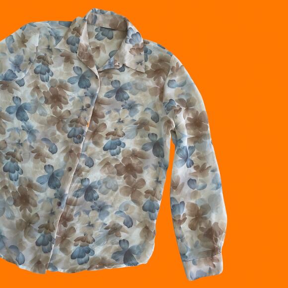 90's vintage chiffon floral collared button up blouse MEDIUM - Picture 2 of 7